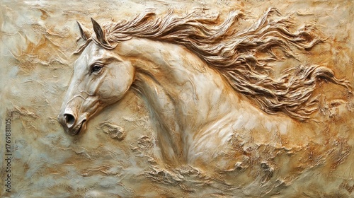 Bas-relief horse sculpture, textured wall, flowing mane, artistic display