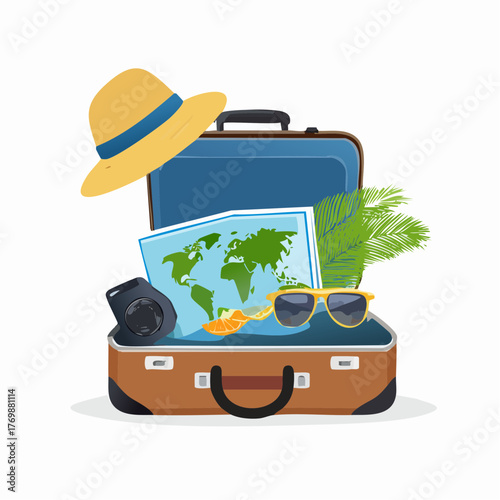 Planning a summer holiday journey with an open suitcase filled with travel essentials like a map, camera, and hat for a worldwide adventure