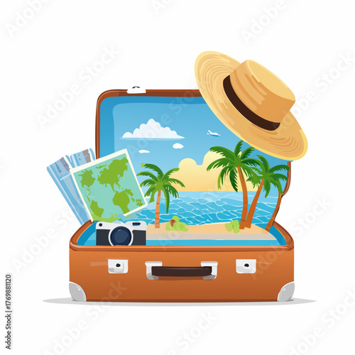 Open suitcase with tropical island scene inside, featuring a beach, palm trees, ocean, and a straw hat on the edge