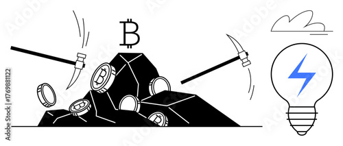 Pickaxes mining Bitcoin coins from rocks alongside an energy-efficient bulb with a lightning symbol. Ideal for cryptocurrency, mining, blockchain, energy, technology, innovation, digital finance