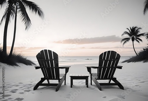 Fototapeta Naklejka Na Ścianę i Meble -  Two adirondack chairs on a sandy beach at sunset with palm trees