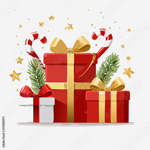 A joyful assortment of vibrant Christmas gift boxes, adorned with festive ribbons, candy canes, and sparkling stars, capturing the spirit of holiday celebrations and thoughtful giving
