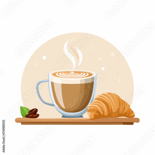 A Cup of Coffee with Croissant on a Wooden Board Illustration