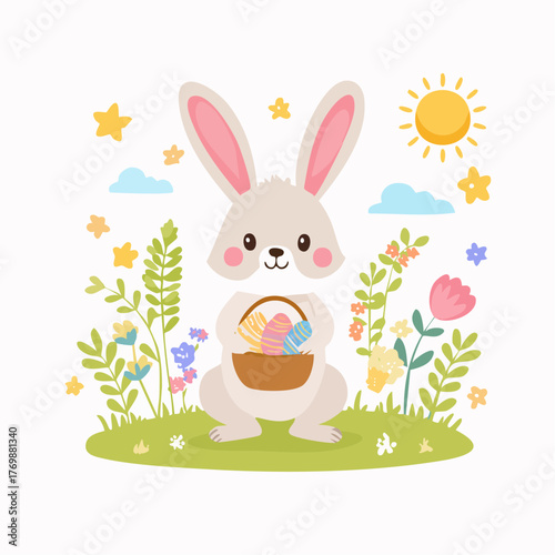 Adorable Easter rabbit character with a basket full of painted eggs sitting in a vibrant field of spring flowers under a sunny sky