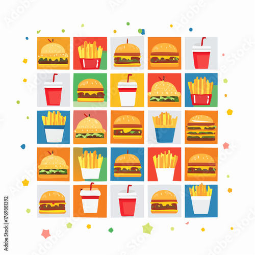 A vibrant and colorful arrangement of popular fast food items, featuring burgers, fries, and drinks in a grid pattern against a white background with confetti