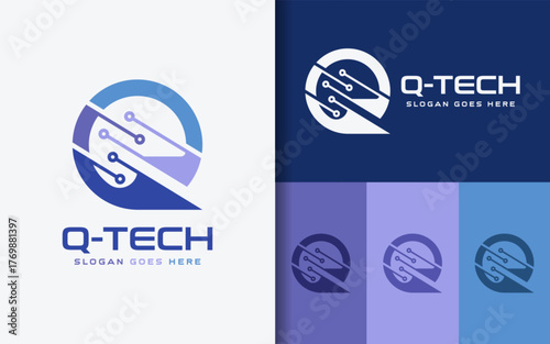 Modern logo combining the letter “Q” with technology circuit elements, symbolizing innovation, digital progress, and connectivity. Ideal for tech companies, startups, and IT services.