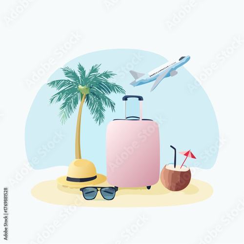 Packing for a tropical vacation with a pink suitcase, sunglasses, a straw hat, coconut drink, and palm tree, with an airplane in the background