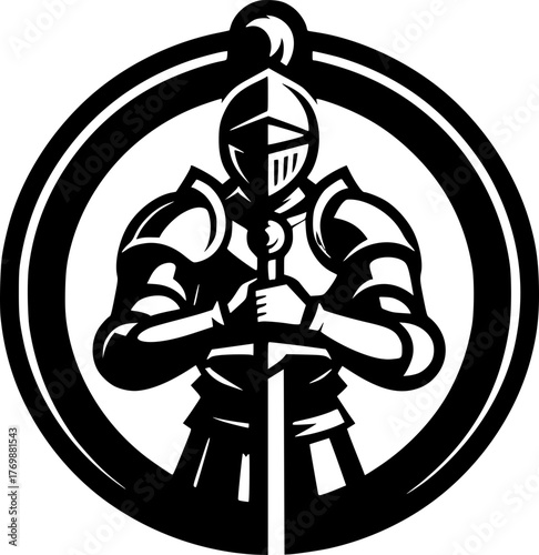 Vector illustration of a brave knight holding a sword, clean design with strong heroic pose.