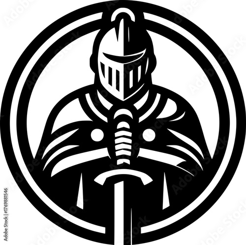 Vector illustration of a brave knight holding a sword, clean design with strong heroic pose.