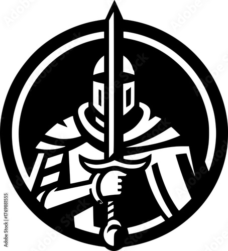 Vector illustration of a brave knight holding a sword, clean design with strong heroic pose.