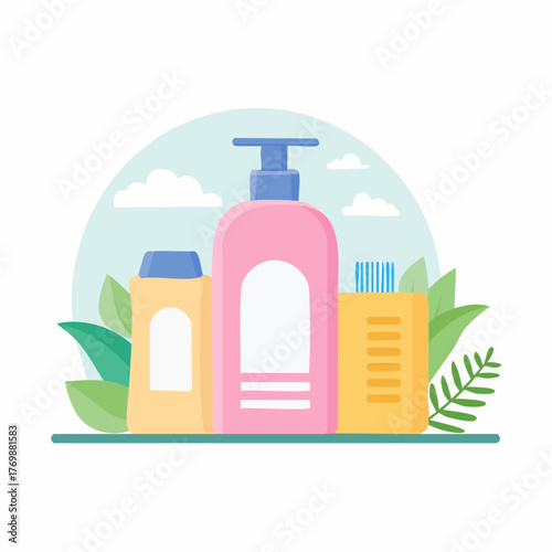 Cosmetic Collection Skincare and Beauty Products Displayed with Botanical Elements in Vector Illustration