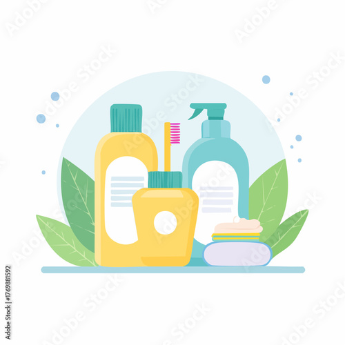 Spa Essentials Relaxing bathroom supplies illustration with shampoo, lotion and scrub