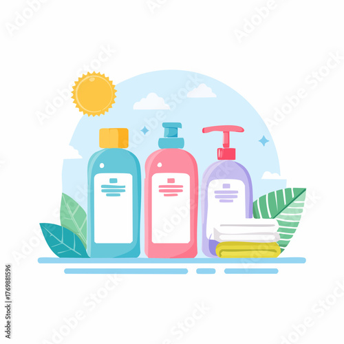 Cosmetic and personal care bottles with folded towels and green leaves under a sunny sky, representing hygiene and beauty products