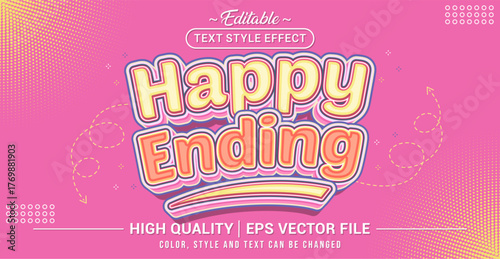 Editable text effect vector with “Happy Ending” theme, featuring a joyful, colorful, and uplifting 3D style. Perfect for storytelling, celebration, and positive message design.