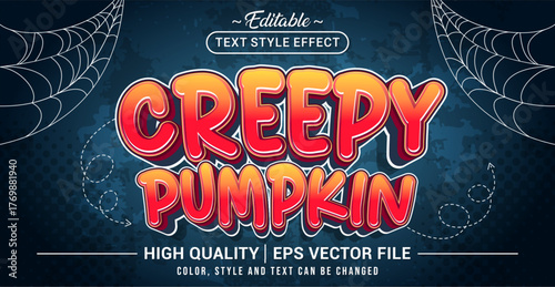 Editable text effect vector with “Creepy Pumpkin” theme — spooky Halloween style featuring pumpkin-inspired letters, horror vibe, and eerie textures. Perfect for Halloween design.
