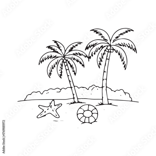 Tropical Island Beach Scene with Palm Trees and Starfish Keywords: beach, island, palm trees
