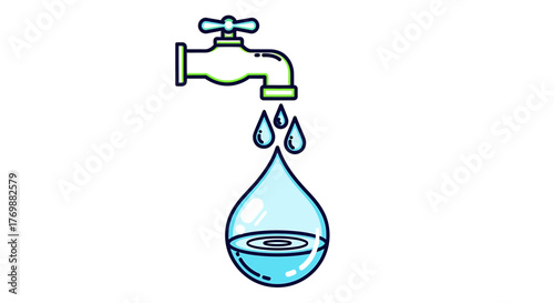 Vector Illustration of a dripping water faucet with falling droplets pooling into a large water drop, embodying themes of water conservation, sustainability, and essential resources