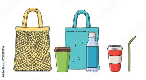 Vector Illustration of zero waste essentials, showing reusable tote bags, coffee cups, and eco-friendly containers for sustainable living