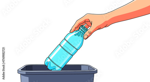 Vector Illustration of a Hand Discarding a Plastic Bottle into a Trash Can