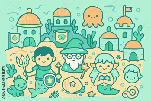 An enchanting underwater kingdom illustration featuring a merman, mermaid, and wizard exploring a magical seascape with adorable sea creatures and ancient castles.