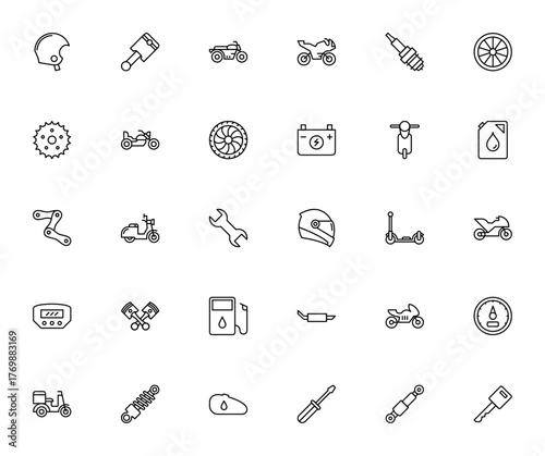 Scooter icon set. Vector illustration. Includes Racig Helmet, Piston, Motorbik, Spark, Tire, Sprocket, Bllet, Battery, Oil, Wrench Meter, Muffler, Shock, Perol, Screw driver, Key andmore.