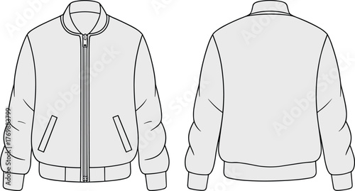 Bomber jacket sketch, fashion flat, ribbed collar, zipper front, slanted pockets, cad drawing flat vector illustration, front and back view