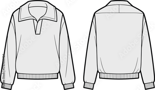 Long sleeve pullover technical sketch, sweatshirt flat drawing, fashion cad illustration, ribbed cuff hem design, garment front back view, vector template