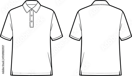 Polo shirt sketch, short sleeve design, three button placket, fashion flat, cad drawing flat vector illustration, front and back view