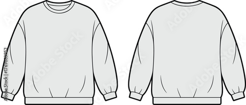 Sweatshirt technical sketch, fashion cad drawing, crew neck long sleeve design, ribbed cuffs and hem garment, front back view vector template