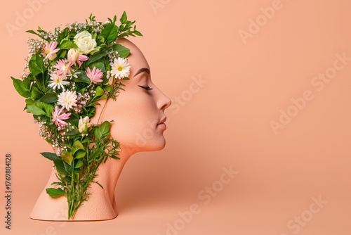 Profile of a Woman with Floral Headpiece on Soft Peach Background Symbolizing Beauty and Nature Harmony