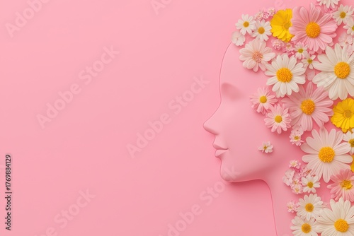 Woman's silhouette profile with colorful flowers on a pink background, symbolizing beauty, femininity, and nature's harmony