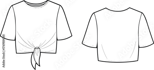Crop top fashion sketch, short sleeves, knotted hem detail, front and back view, CAD drawing flat vector illustration, garment template