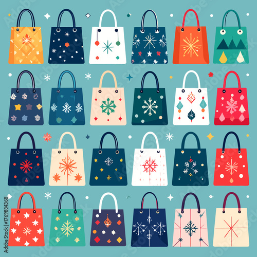 Christmas Sale & Shopping Elements Festive Patterned Tote Bags for Holiday Gifts and Promotions
