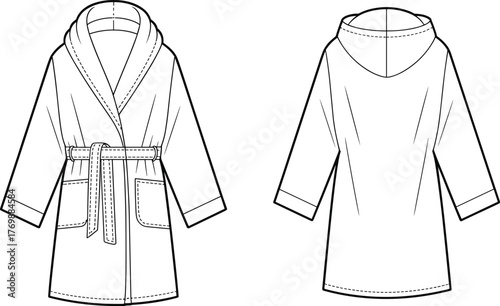 Hooded bathrobe fashion sketch, front and back view, shawl collar, belt, CAD drawing flat vector illustration, garment design template