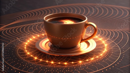 Coffee cup with artistic patterns and glowing effects on the surface.