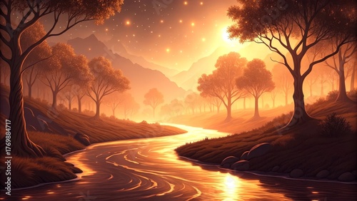 Serene landscape with flowing river and vibrant autumn trees at sunset.