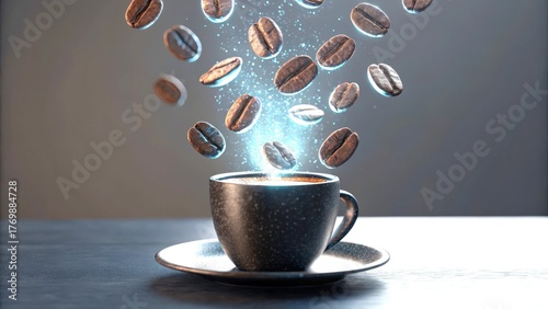 Coffee cup with floating coffee beans above it in a creative setting.