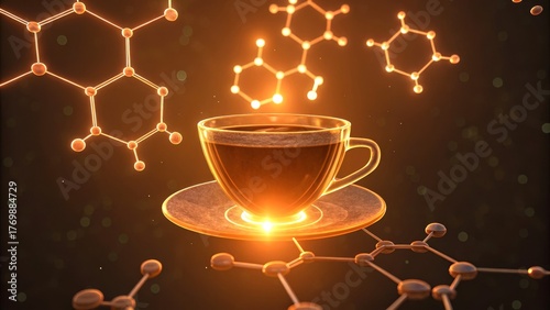 Futuristic coffee cup with molecular structures in the background