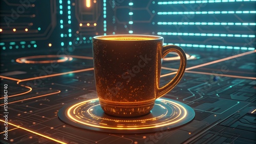 Futuristic coffee mug on a glowing digital background.