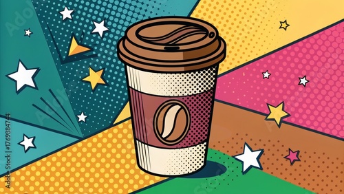 Colorful pop art coffee cup with vibrant background patterns.
