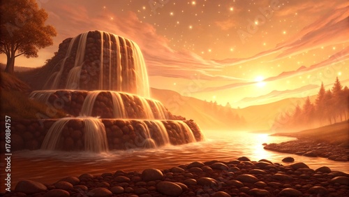 Majestic waterfall at sunset with serene landscape and starry sky.