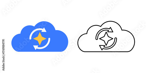 Self-healing cloud instance icon featuring regenerating cloud with rotating arrows and spark core. Perfect for cloud recovery, autonomous server systems, and fault tolerance technology visuals.