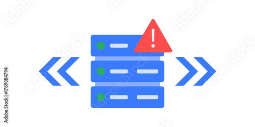 Container drift alert icon showing a server with shifting outlines and red exclamation mark. Ideal for cloud infrastructure monitoring, security alerts, and container management systems.