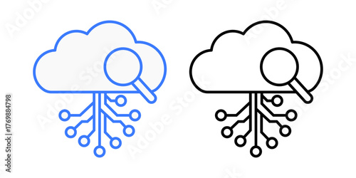 Silent failure detector icon showing a magnifying glass examining a faded cloud node. Ideal for cloud diagnostics, system reliability, and hidden error monitoring concepts.
