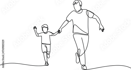 Adult and child running, black and white line drawing, continuous line art, family connection, minimalist sketch, joyful motion, bonding moment