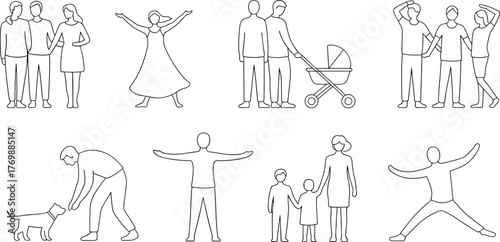 People in daily activities, black and white line drawing, minimalist sketch, family moments, gestures and poses, lifestyle illustration, stylized figures