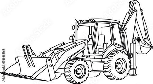 Backhoe loader, construction vehicle, heavy equipment, black and white line drawing, technical illustration, excavator, machinery, digger, industrial, engineering sketch