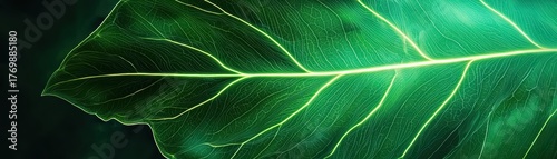 Close-up View of Green Leaf with Intricate Vein Patterns and Vibrant Color Gradients in Natural Light Conditions