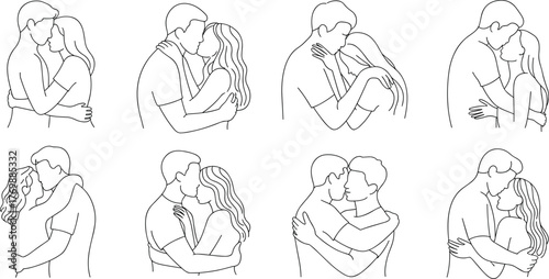 Couples hugging, black and white line drawing, romantic embrace, minimalist sketch, emotional connection, stylized love, intimacy illustration, tender moments