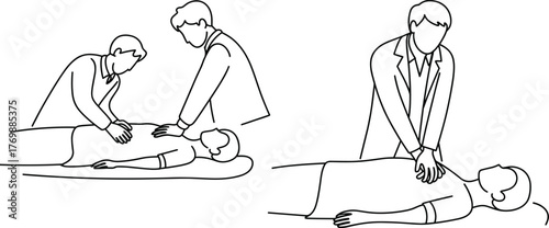 CPR procedure illustration, black and white line drawing, emergency response sketch, chest compression, healthcare training, minimalist medical scene